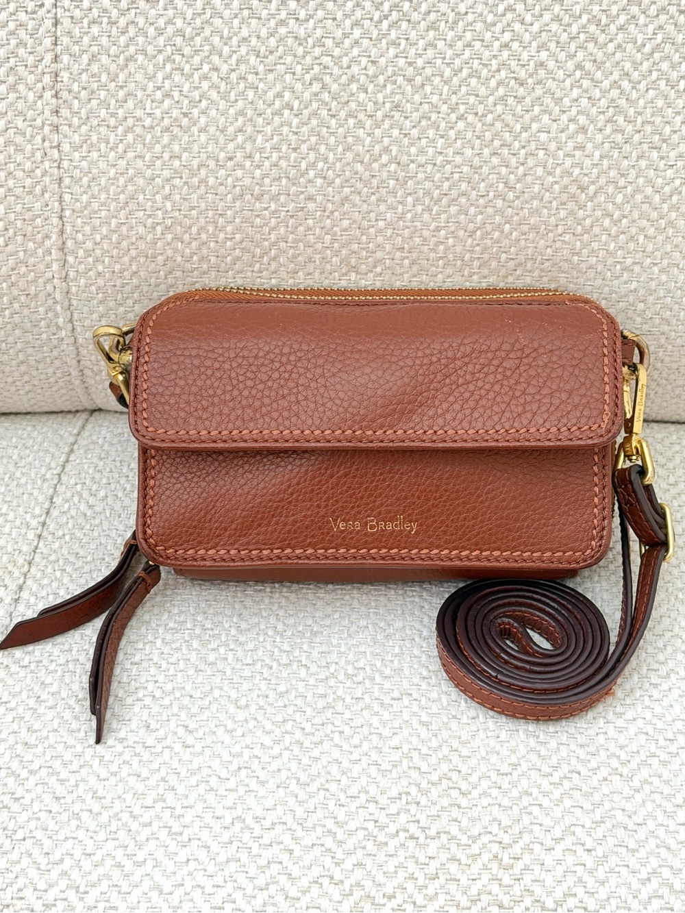 Vera Bradley Cognac Leather Wallet Crossbody Bag Floral Lining